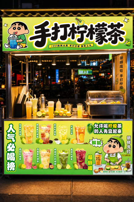 复刻这张手打柠檬茶摊位海报，保持所有内容、排版和风格不变预览效果