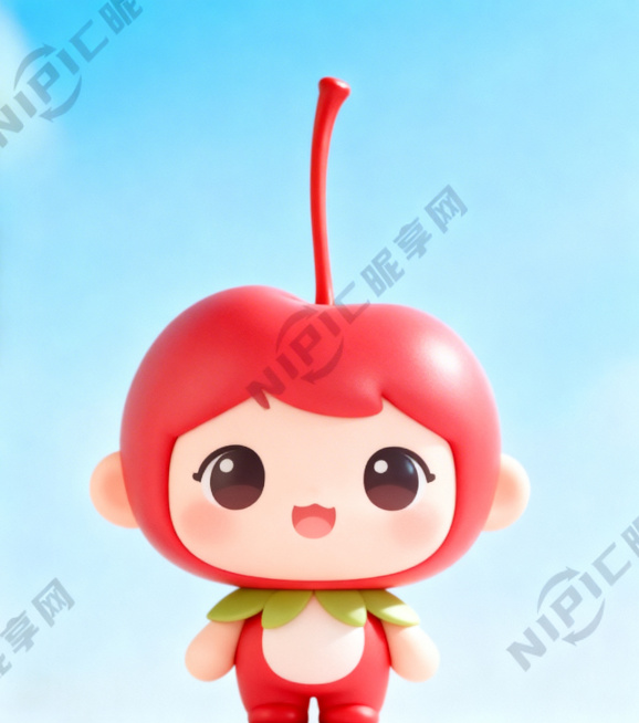 参考图中的红色海红果，创作一个可爱的卡通人物形象，以这个红色水果为原型，保留水果的红色和果柄特征，设计成圆润可爱的Q版卡通人物，风格软萌可爱预览效果