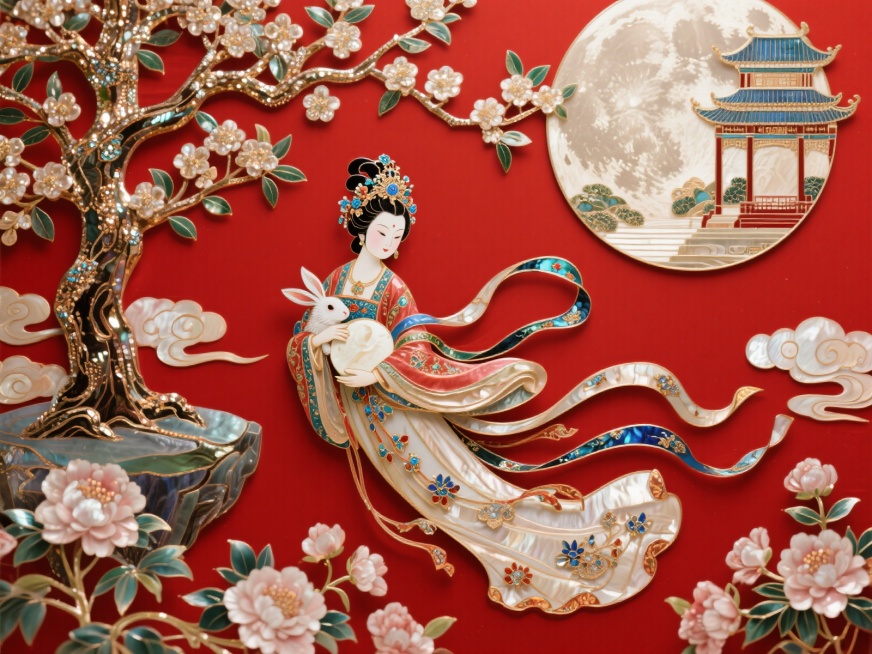 螺钿工艺质感的月宫和桂树在左上方背景闪闪发光，树下古典风格的嫦娥身着非遗点翠服饰，怀抱月兔，衣摆飘逸，周围环绕着祥云和盛开的花朵，红色底色，非常规的动态构图，细节精致，色彩鲜明，传统工艺与古典美学结合预览效果