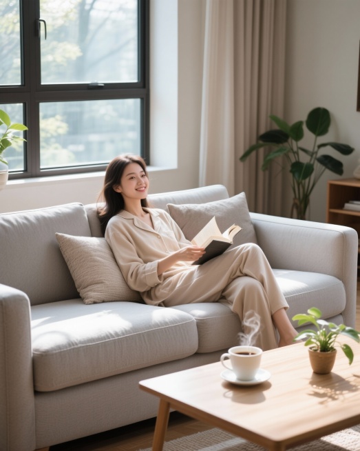 一个女模特穿着家居服坐在客厅的沙发上，惬意享受周末时光的感觉预览效果