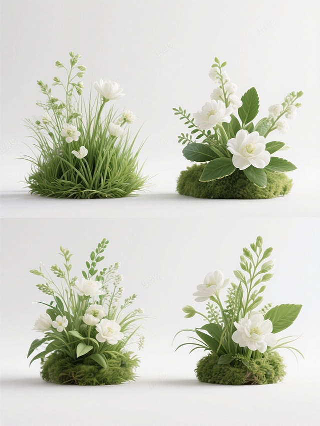 一组4个规整排布的花艺素材，保持高清写实风格，每个素材均以纯白色为背景，无任何文字、logo及水印。每个花艺造型均以不同样式的绿色草本植物为基底，搭配白色花朵，展现自然、清新、雅致的氛围。光线为柔和的顶光，植物和花朵具有清晰的纹理和细节，叶片边缘锐利，花朵形态饱满，整体构图均衡，呈现出真实的光影效果和立体感。