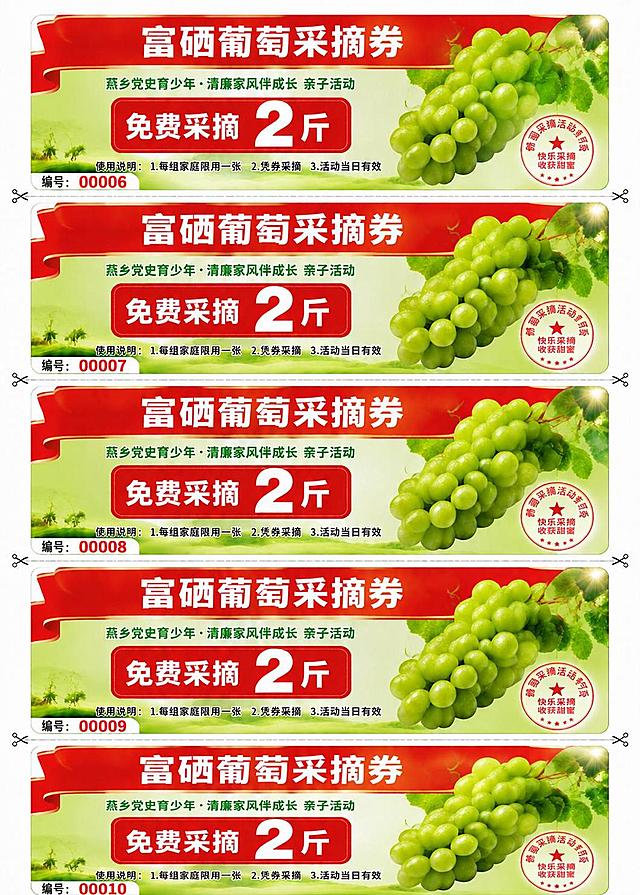 将图片中5张富硒葡萄采摘券的编号依次修改：第1张编号00001改为00006，第2张编号00002改为00007，第3张编号00003改为00008，第4张编号00004改为00009，第5张编号00005改为00010。保持编号的字体、颜色、大小、位置和背景样式与原图完全一致，其余所有内容保持不变。
