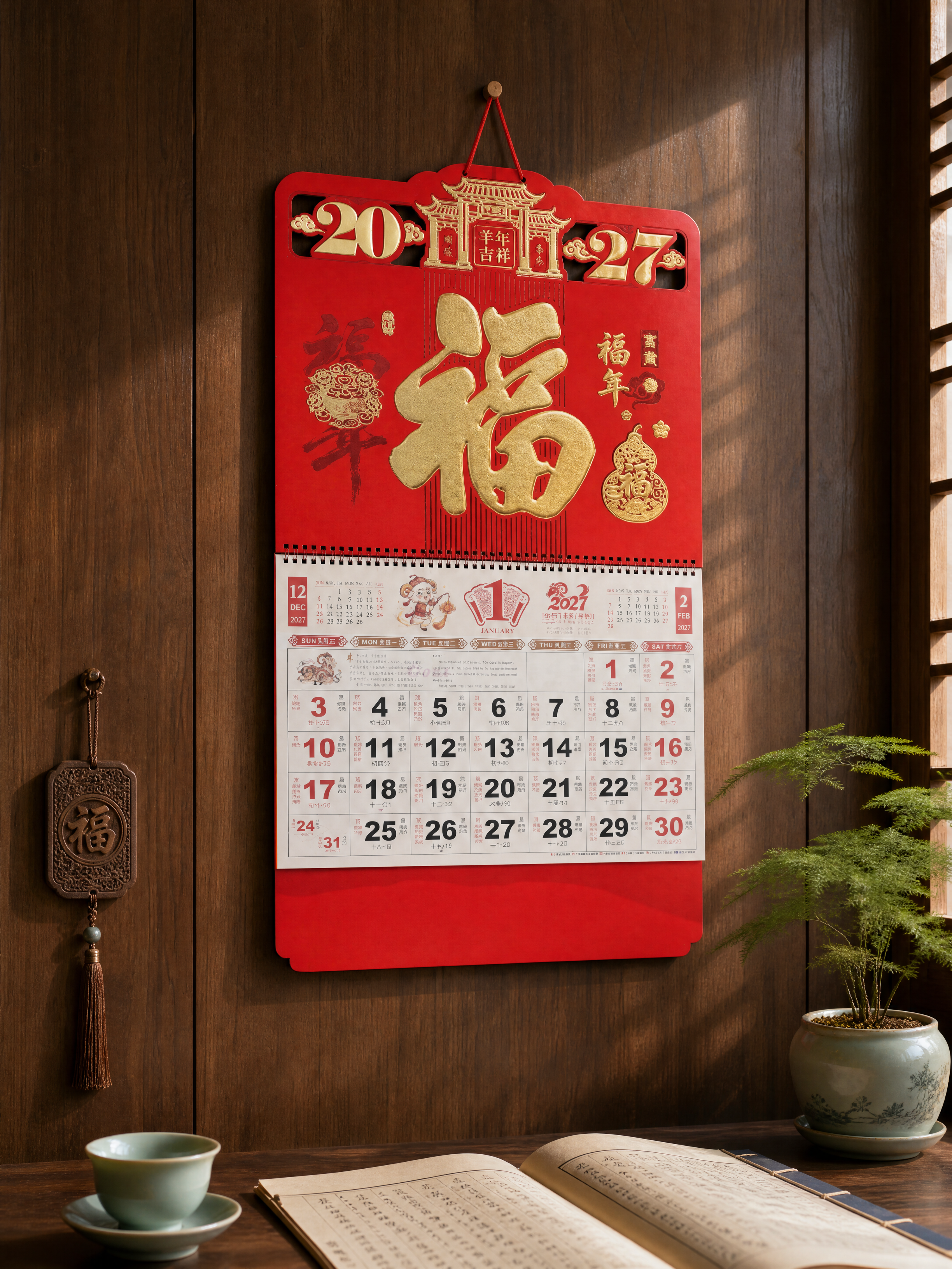 将挂历背景替换为新中式家居书房墙面场景。挂历严格参照上传产品图… - 图片创意预览