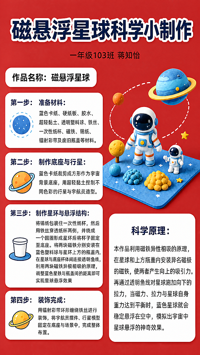 将这张海报的整体背景更换为正红色（深红色），保留所有文字内容、排版和右侧图案不变，文字一字不差完整保留，整体风格保持3D黏土少儿科技风不变