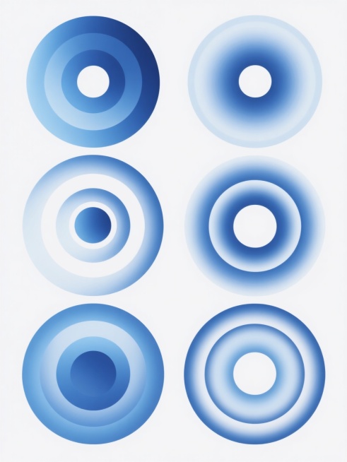 极简主义风格几何抽象图案集合，纯色背景，由六个造型各异的同心圆组合构成，每个圆形元素采用统一的渐变蓝配色方案，色彩从中心向外由深至浅自然过渡，保持平滑细腻的数字艺术质感，整体画面呈现出和谐的视觉韵律，六个图案以规整的网格状排布，每个同心圆造型在保持核心圆形元素的基础上通过改变环数、环宽比例或圆心偏移角度形成完全不同的视觉形态，无光影效果，仅依靠色彩渐变和形状变化营造层次感，整体设计简洁现代，具……预览效果