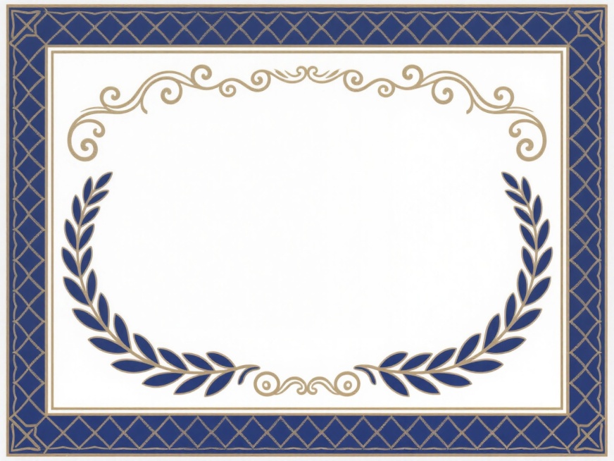 一张证书风格的边框设计，整体采用深蓝色为主色调，边框样式更换为带有连续菱形花纹的几何纹样，顶部和底部中央装饰有对称的卷草纹与月桂花环组合图案，边框线条为深蓝色描金效果，内部为纯白色空白区域，整体呈现出正式、典雅且具有复古华丽感的视觉风格，线条细腻流畅，图案对称均衡，适合作为证书、奖状等正式文件的装饰性边框使用。预览效果