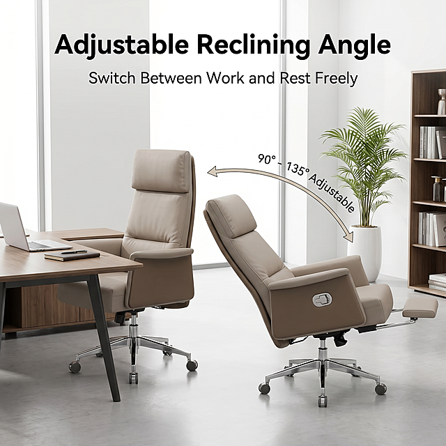 [Main Image 4] Function adjustment demonstration. Show the adjustable reclining feature, use thin arrows to mark the adjustment direction and angle range. The chair placed in a simple business environment. Left side shows upright sitting position for working, right side shows reclined position for resting. Arrows pointing between two positions to show the adjustable range. Keep the chair appearance completely consistent with the input image in both positions. Text: Top title "Adjustable Reclining Angle", subtitle "Switch Between Work and Rest Freely", annotation: "90° - 135° Adjustable". All text in English, clear layout. 1:1 2048x2048 2K resolution. Negative prompt: deformation, watermark, text confusion, blurred product image, messy background.