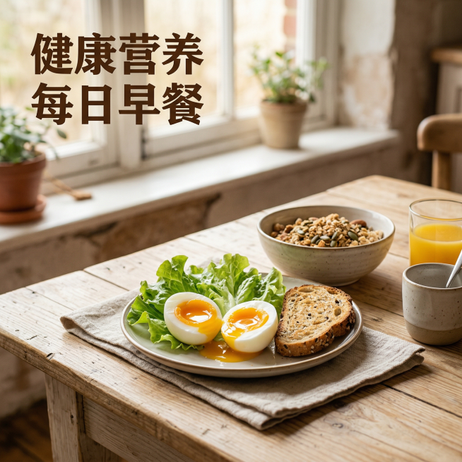 [主图主题] 农家谷物鸡蛋食用场景展示
[氛围/风格] 温馨自然生活风，干净清新
[画面元素] 桌面上摆放着早餐场景，水煮蛋对半切开，露出粉糯蛋黄，搭配面包片和新鲜生菜，摆放在浅色木质餐桌上，自然光透预览效果