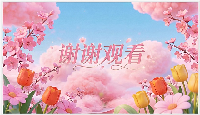 保持原图的樱花、郁金香、粉色云朵蓝天背景不变，将画面中的文字替换为谢谢观看，字体和原文字相同，颜色为粉色