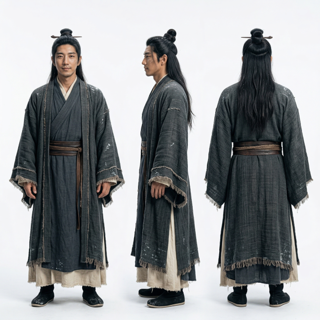 参考输入图片中的人脸，生成该人物的古风仙侠风格三视图，白色背景。人物是质朴善良的古代猎户书生形象，邵氏武侠风格，复古清冷色调。穿着低调朴素中国传统汉服：主色为深灰色炭灰色交领右衽深衣直裰，外搭同色系宽预览效果