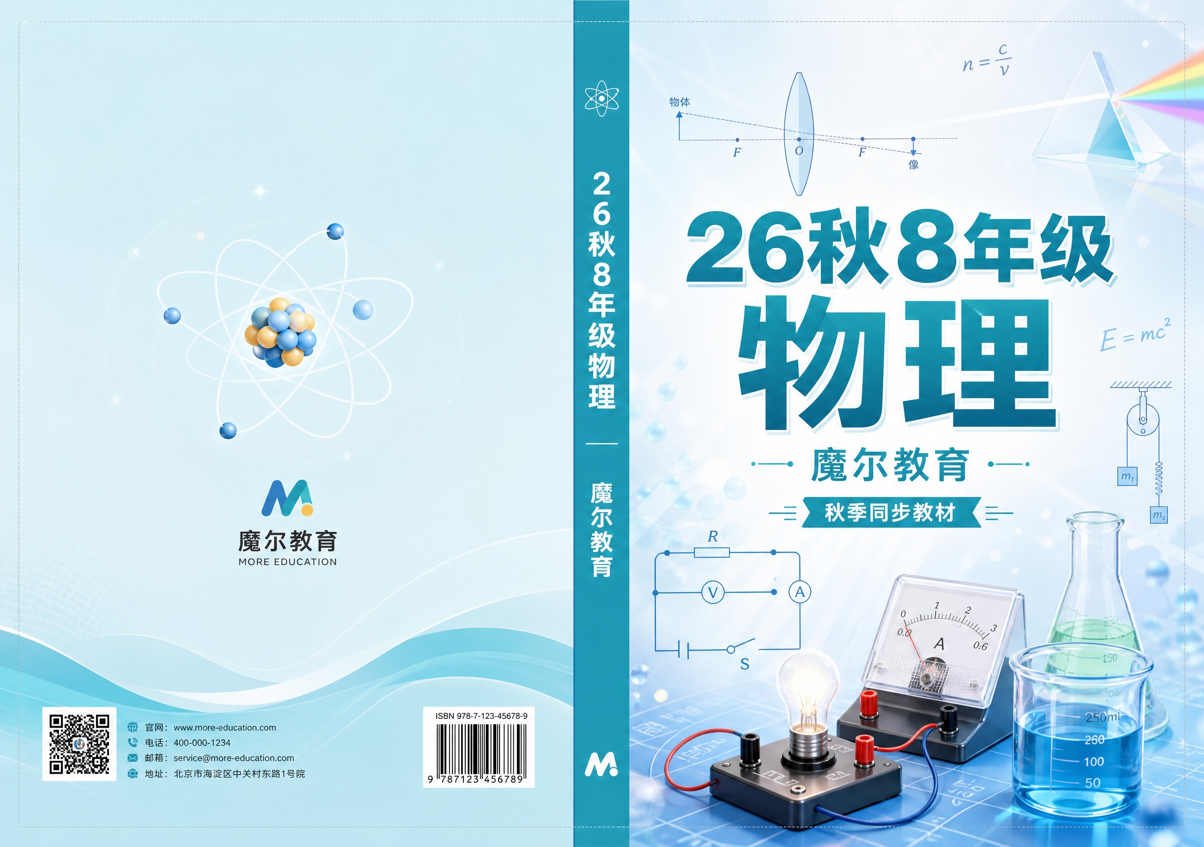 初中物理教材封面封底展开设计，横版A3尺寸420x297mm，… - 图片创意预览