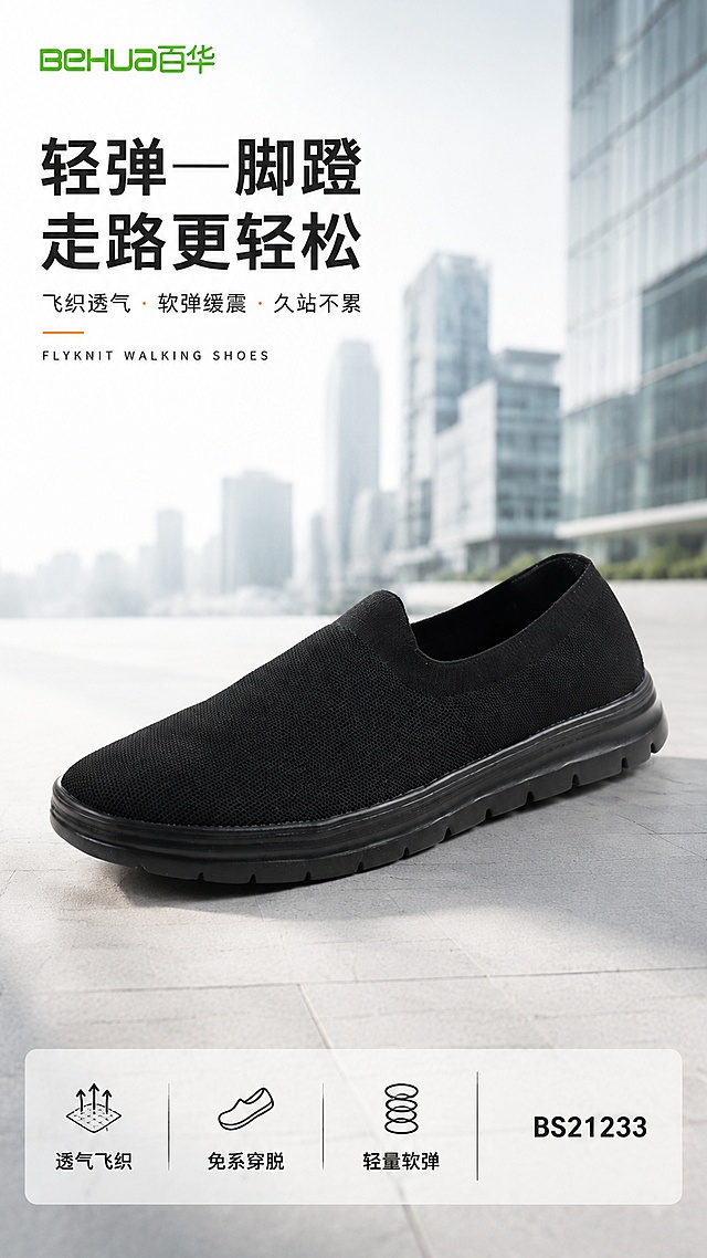 [第1屏] 详情页头图-黑色飞织一脚蹬健步鞋城市通勤场景海报。本屏使用【图1】作为商品主体。
[氛围/风格] 简约舒适商务休闲风，深灰黑主色调，干净通透商业摄影质感，突出舒适与品质感。
[元素布局] 鞋子置于画面右侧中部，45°斜侧视角，占比约55%-60%；左侧留标题区，底部为浅灰色城市步道地面；背景为虚化的现代城市建筑轮廓，营造通勤氛围；鞋身飞织纹理、一脚蹬鞋口、白色中底与黑色外底结构、颜色与输入产品图完全一致。
[光影质感] 左上方柔和自然光照明，右下自然投影，鞋身飞织面料保留细腻纹理高光，鞋底边缘清晰锐利，整体明亮通透有质感。
[配色色系] 全局底色 #F2F3F5 浅灰；主色黑色鞋身；辅助色白色中底、深灰文字；点缀色少量橙色作为卖点高亮。
[视角构图] 正面微侧45°视角，浅景深，产品为视觉中心，阅读动线左上标题→右侧产品→底部信息条。
[文字版式] 版式为左上标题 + 右侧产品 + 底部信息条。主标题「轻弹一脚蹬 走路更轻松」，副标题「飞织透气 · 软弹缓震 · 久站不累」，两行黑体字左对齐；标题下方小字英文装饰「FLYKNIT WALKING SHOES」；底部左侧三个卖点图标标签「透气飞织」「免系穿脱」「轻量软弹」，右下角标注「BS21233」；文字不遮挡鞋身主体。
[比例分辨率] 9:16 竖版比例，4K 分辨率，文字清晰可辨，高清画质。
[负向提示词] 鞋身变形，缺件错件，颜色偏差，水印，文字错乱，产品图模糊，背景杂乱，飞织纹理错乱，鞋底结构错误。