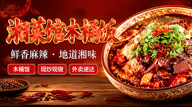 外卖平台店铺招牌设计，横版构图。左侧为品牌信息区：顶部大字主标题“湘菜馆木桶饭”，中式书法字体，红色配金色描边；下方副标题“鲜香麻辣 · 地道湘味”，白色字体；再下方三个卖点标签“木桶饭”“现炒现做”“外卖速达”，红底白字圆角标签。右侧是一碗毛血旺菜品特写，红油汤汁、辣椒、香菜、芝麻饱满诱人，占据画面右侧约45%区域。背景为深红色渐变，底部有木质台面纹理，点缀少量干辣椒和花椒作为装饰元素。整体暖色调，中式餐饮烟火气，食欲感强烈，商业摄影级画质，排版精美，左右分区清晰，文字不遮挡菜品主体。画面中必须完整呈现文字：“湘菜馆木桶饭”、“鲜香麻辣 · 地道湘味”、“木桶饭”、“现炒现做”、“外卖速达”。所有文字清晰可读，不得错位或遗漏。