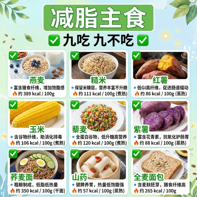 养生科普海报，九宫格排版，顶部大字标题“减脂主食”，副标题“九吃 九不吃”，副标题旁配绿色对勾✅。上半部分九个格子，每个格子展示一种推荐减脂主食，配清晰真实诱人的实物图，图片上方有绿色对勾✅，下方标注预览效果