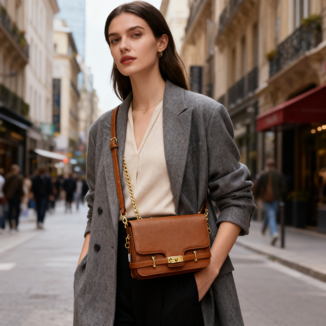 将这款棕色单肩包产品图改为模特街拍图，模特斜挎此包，保持包的款式颜色不变，风格时尚高级，制作1000*1000淘宝直通车主图预览效果