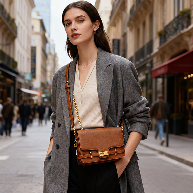将这款棕色单肩包产品图改为模特街拍图，模特斜挎此包，保持包的款式颜色不变，风格时尚高级，制作1000*1000淘宝直通车主图