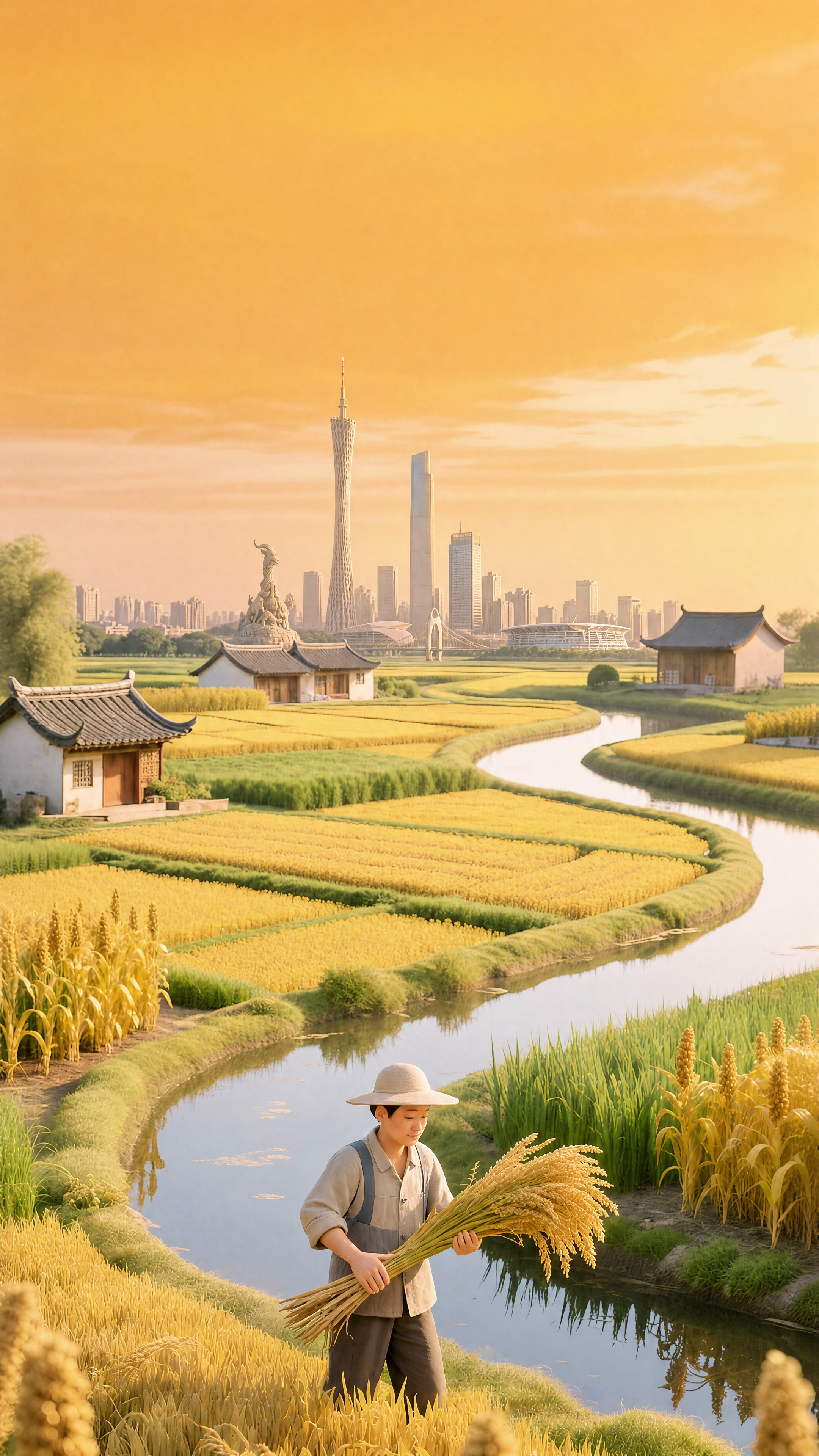 在画面中间地平线位置添加广州地标建筑元素：五羊石像、广州塔、珠… - 图片创意预览