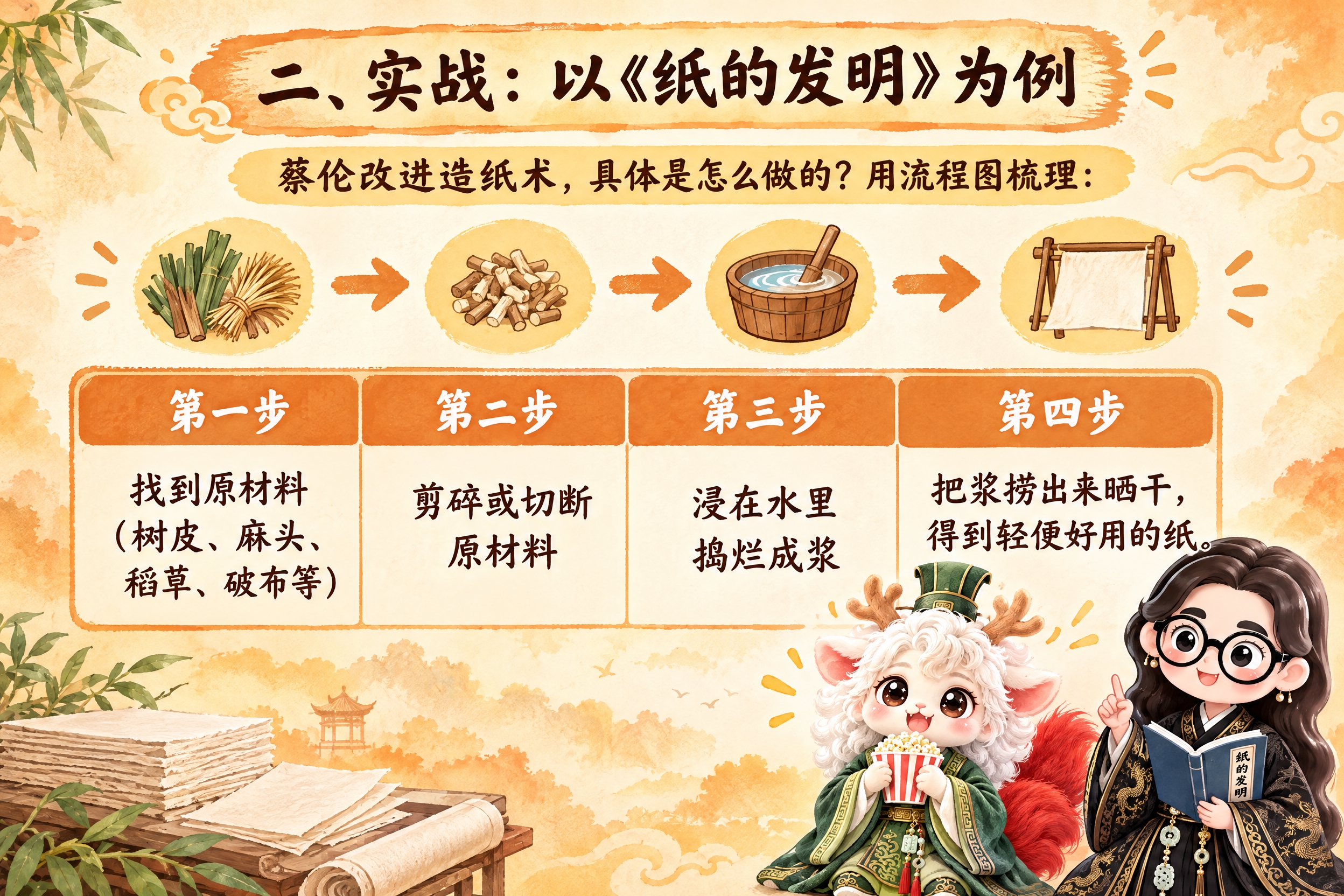 横版6寸比例的知识卡片设计，标题为"二、实战：以《纸的发明》为… - 图片创意预览