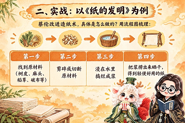 横版6寸比例的知识卡片设计，标题为"二、实战：以《纸的发明》为例"，副标题"蔡伦改进造纸术，具体是怎么做的？用流程图梳理："，画面中央是一个两行四列的表格，表头为"第一步"、"第二步"、"第三步"、"第四步"，第二行内容分别为：找到原材料（树皮、麻头、稻草、破布等）；剪碎或切断原材料；浸在水里捣烂成浆；把浆捞出来晒干，得到轻便好用的纸。表格上方有流程箭头装饰，右下角放置两个Q版国风IP形象：一个是捧着爆米花开心学习的白色毛绒瑞兽（穿绿色汉服），另一个是戴黑框眼镜、穿黑色金龙纹汉服的卡通女孩，整体风格温暖知性，暖橙黄色水彩风背景，与费曼复述卡系列风格统一，表格清晰易读，适合打印