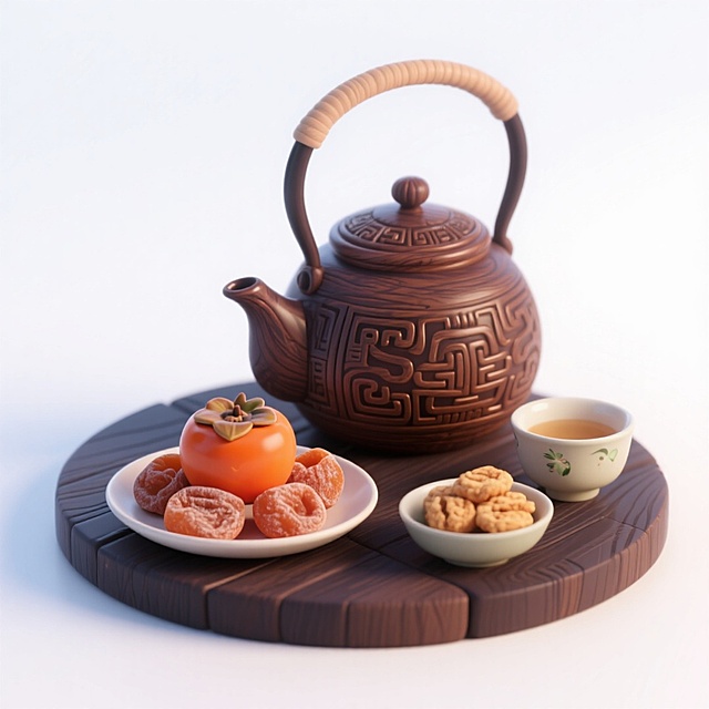 中式复古茶席，3D重拟物风格，木雕浮雕纹饰茶壶，搭配柿子与点心，质朴雅致，尽显秋天暖日氛围。