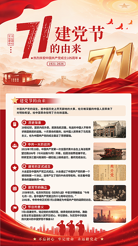 71建党节105周年建党节的由来和历史事件党建红色文化宣传竖版海报