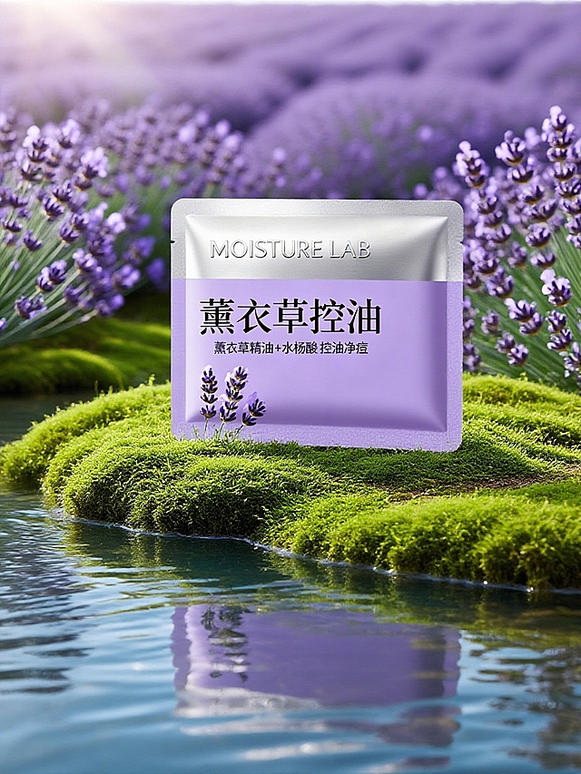 室外静物摄影。前景是清澈河面，主体放在长满苔藓的绿色草地上，旁边和背景是薰衣草花海。营造出清新、自然的氛围。柔和自然的光影。