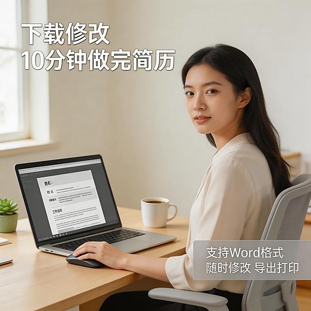 [主图主题] 使用场景展示
[氛围/风格] 生活化场景，自然高级
[画面元素] 一位年轻职场人（亚洲面孔）坐在简约办公椅上，桌面上打开笔记本电脑，屏幕显示简历模板，手握着鼠标正在修改内容，桌面干净整洁，只放了一杯咖啡和一株小型绿植，背景是浅色墙壁，窗边自然光柔和漫射，整体氛围舒适自然
[配色色系] 主色调：暖白浅木色；辅助色：深灰屏幕 浅绿绿植
[视角构图] 平视拍摄，场景占画面70%，自然景深
[文字版式] 左上角大标题 "下载修改 10分钟做完简历"，右下角浅灰色半透明框标注 "支持Word格式 随时修改 导出打印"，字体简约无衬线，主标题加粗，自然排版不遮挡主体