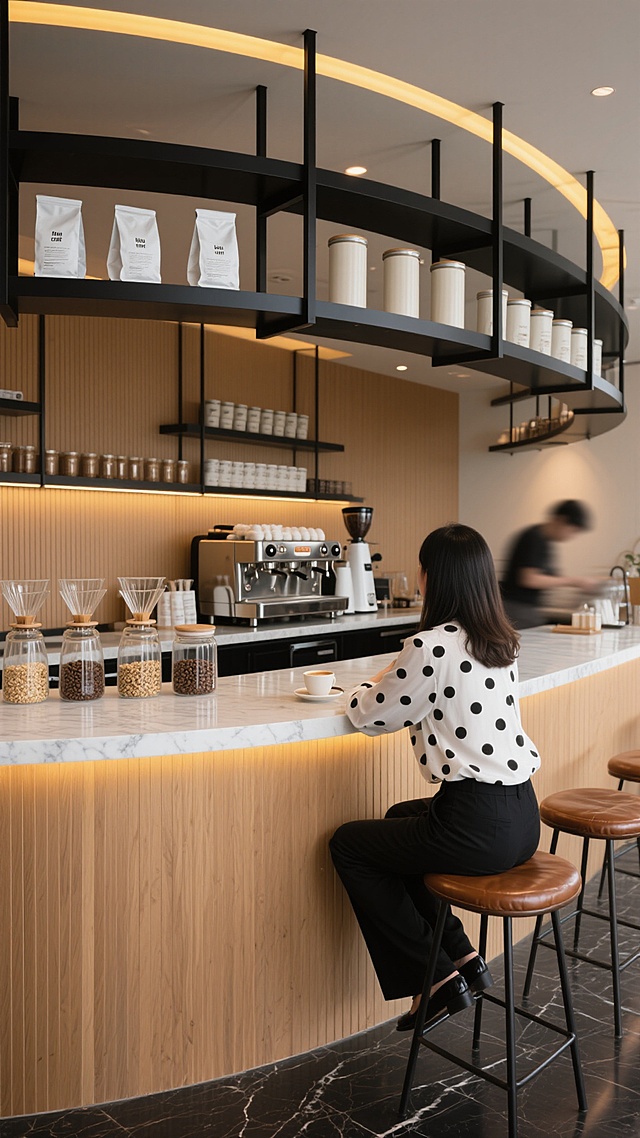 现代简约风格咖啡厅内部场景，温暖的木色竖条纹墙面搭配黑色金属框架装饰，弧形吧台上方装有嵌入式暖黄色灯带，吧台台面为白色大理石材质，台面后整齐排列着不锈钢咖啡机、透明玻璃咖啡器具及多个玻璃罐（内装咖啡豆或谷物），上方多层黑色置物架上摆放着白色包装的咖啡袋和圆柱形罐子，一位穿着白色波点衬衫、黑色长裤的女性顾客坐在棕色皮质高脚凳上背对镜头，吧台上放着她的咖啡杯，吧台另一侧有模糊的咖啡师身影在忙碌，地面为深色大理石纹理，整体氛围温馨舒适，光线柔和，空间布局具有层次感和设计感。