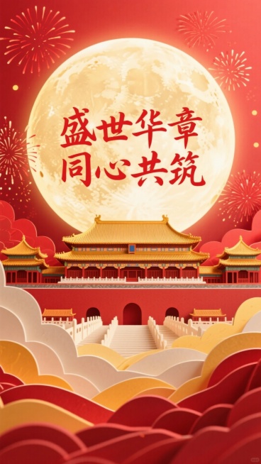 一轮巨大的圆月为占据画面中心的特写，写上盛世华章 同心共筑，字体为毛笔字，颜色为红色， 中间生成一个故宫在月亮中间，故宫占比放大，整体红色喜庆，有烟花绽放，有层次感，画面占比全屏预览效果