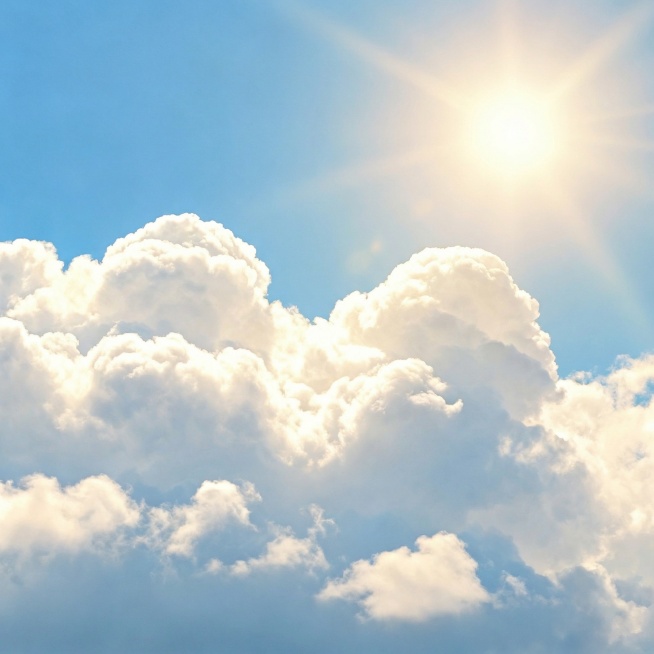 在蓝天白云画面中添加一个明亮温暖的太阳，保留原有的蓬松白云和澄澈蓝天风格，整体自然和谐，光影自然预览效果