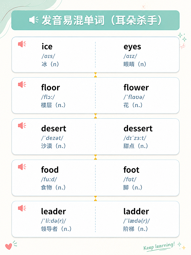 ai指令：
小红书图片AI生成指令
1.  100%遵守【全类目通用·小红书图片AI生成强制规范】的所有要求，无任何违规、翻车问题，严格适配小红书平台规则&聚光投放审核标准。
4.  版式&文案要求：[填写具体文案、排版要求，所有文字严格按照给定内容生成，禁止AI自行修改、增减]
5.  特殊补充要求：[填写额外要求，如：同系列图片风格统一、画面无人物、突出产品细节等]整体统一要求：3:4 竖版（1080×1440 像素），轻潮学术・清新治愈设计风，主色调薄荷绿 + 奶白色 + 珊瑚粉，辅助色浅灰蓝 + 鹅黄色，无衬线字体（思源黑体 + 少量圆润手写体点缀），文字清晰锐利，无 AI 水印，增加微妙纹理和层次感，适合手机竖屏阅读。
第 1 张：封面图（强视觉冲击 + 氛围感）
plaintext
3:4竖版小红书封面，轻潮学术风，清新治愈配色。
背景：渐变奶白色，底部有极淡的薄荷绿水彩晕染纹理，散落几个半透明的珊瑚粉和鹅黄色几何小圆点。
顶部居中：超大粗体薄荷绿字"雅思听力填空题"，字号占页面宽度75%，添加轻微的白色描边和投影。
紧接着下方：稍小粗体珊瑚粉字"听混 = 白听 拼错 = 0 分"，字号占页面宽度65%，同样添加白色描边。
中间区域：白色圆角矩形卡片（浅灰蓝细边框），内有黑色常规字"考场最高频易混词10组 | 发音坑+拼写坑全覆盖"，居中排列。
卡片下方：鹅黄色手写体字"背完稳提0.5-1分"，字体圆润可爱。
左侧：添加一个简约线条风格的白色耳机插画，耳机线用薄荷绿勾勒，旁边飘着两个小音符。
右侧：添加一个简约线条风格的珊瑚粉铅笔插画，笔尖有一个小星星。
所有文字清晰可辨，无遮挡，整体布局平衡，视觉焦点集中在标题。
第 2 张：发音易混词内页（卡片式布局）
plaintext
3:4竖版小红书内页，轻潮学术风，与封面统一配色。
背景：纯净奶白色，左上角有一个半透明的薄荷绿波浪装饰。
顶部：通栏薄荷绿渐变标题栏，白色粗体字"🔊 发音易混单词（耳朵杀手）"，居中，标题栏两端有圆角。
主体区域：5个独立的白色圆角卡片，纵向等距排列，每个卡片有浅灰蓝细边框和轻微投影。
每个卡片内左右两列等宽布局，展示一组易混词：
左列：单词（黑色粗体）+ 音标（浅灰蓝斜体）+ 词性（浅灰蓝括号）
右列：对应易混词（黑色粗体）+ 音标（浅灰蓝斜体）+ 词性（浅灰蓝括号）
具体内容：
1. ice /aɪs/ 冰（n） | eyes /aɪz/ 眼睛（n）
2. floor /flɔː/ 楼层（n.） | flower /ˈflaʊə/ 花（n.）
3. desert /ˈdezət/ 沙漠（n.） | dessert /dɪˈzɜːt/ 甜点（n.）
4. food /fuːd/ 食物（n.） | foot /fʊt/ 脚（n.）
5. leader /ˈliːdə(r)/ 领导者（n.） | ladder /ˈlædə(r)/ 阶梯（n.）
每个卡片左上角添加一个极小的珊瑚粉喇叭图标。
卡片之间用细的鹅黄色虚线连接，增加设计感。
文字字号适中，行间距宽松，手机阅读无压力。
第 3 张：拼写易混词内页（撞色卡片设计）
plaintext
3:4竖版小红书内页，轻潮学术风，与封面统一配色。
背景：纯净奶白色，右下角有一个半透明的珊瑚粉几何图形装饰。
顶部：通栏珊瑚粉渐变标题栏，白色粗体字"✍️ 拼写易混单词（笔误重灾区）"，居中，标题栏两端有圆角。
主体区域：5个独立的薄荷绿渐变圆角卡片，纵向等距排列，每个卡片有白色细边框和轻微投影。
每个卡片内左右两列等宽布局，展示一组易混词：
左列：单词（白色粗体）+ 音标（浅奶白斜体）+ 词性（浅奶白括号）
右列：对应易混词（白色粗体）+ 音标（浅奶白斜体）+ 词性（浅奶白括号）
具体内容：
1. diary /ˈdaɪəri/ 日记（n.） | dairy /ˈdeəri/ 奶制品（n.）(adj.)
2. affect /əˈfekt/ 影响（v.） | effect /ɪˈfekt/ 影响（n.）
3. adapt /əˈdæpt/ 适应（v.） | adopt /əˈdɒpt/ 采用（v.）
4. complement /ˈkɒmplɪment/ 补充（v.）(n.) | compliment /ˈkɒmplɪmənt/ 赞美（v.）(n.)
5. vegetable /ˈvedʒtəb(ə)l/ 蔬菜（n.） | vegetarian /ˌvedʒəˈteəriən/ 素食主义的（adj.）(n.）
每个卡片左上角添加一个极小的白色铅笔图标。
卡片之间用细的鹅黄色虚线连接，与第2张保持设计统一。
文字字号与第2张完全一致，行间距相同。
第 4 张：破局核心 + 行动引导页（视觉重点突出）
plaintext
3:4竖版小红书内页，轻潮学术风，与封面统一配色。
背景：渐变薄荷绿到奶白色，底部有极淡的水彩纹理，散落几个半透明的鹅黄色小星星。
顶部居中：珊瑚粉粗体字"💡 听力易混词破局核心"，字号较大，添加白色描边。
中间区域：三个等大的圆角矩形框，横向等距排列，每个框有不同的渐变背景和白色粗体字：
1. 薄荷绿渐变框：听重音
2. 珊瑚粉渐变框：看场景
3. 鹅黄色渐变框：分词性
三个框下方：白色圆角矩形卡片（浅灰蓝细边框），内有黑色常规字"不是你听不清，是耳朵没练出敏感度！平时练习时把遇到的易混词都整理下来，反复听读对比"，居中排列。
底部居中：超大珊瑚粉粗体字"收藏起来反复听读对比 ✅"，字号突出，添加白色描边和轻微投影。
最底部：鹅黄色手写体字"收藏不迷路 下次还能找到"，字体圆润可爱。
整体布局上松下紧，重点突出三个核心方法和行动提示。