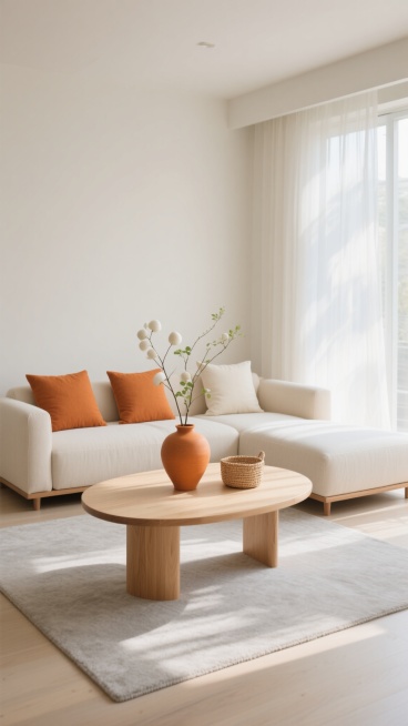 极简主义风格室内设计，以米白色和浅木色为主色调，柔和的自然光从左侧窗户透过轻薄纱帘洒入，形成温暖的光影效果。画面中央是一个浅米色的L型布艺沙发，搭配三个橙色靠垫和两个米白色靠垫，沙发前是一张浅木色的椭圆形茶几，茶几上摆放着一个橙色陶瓷花瓶，里面插着白色和浅绿色的植物枝条，旁边还有一个小型编织篮。地面铺着浅灰色地毯，整体空间线条简洁流畅，具有现代简约的设计感，营造出宁静、舒适、明亮的居家氛围。预览效果
