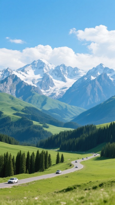 超高清摄影风格的旅游景点背景，壮丽的雪山群峰覆盖着皑皑白雪，山顶在明亮阳光下闪耀，山体呈现蓝灰色调的岩石纹理，山脚下是层层叠叠的绿色山脉，近处是广阔的翠绿草原，点缀着茂密的墨绿色松树，蜿蜒的公路上行驶着几辆汽车，天空中飘着洁白的云朵，整体色彩清新明快，光影对比强烈，展现出开阔、宁静而壮丽的自然景观，具有极高的视觉冲击力和真实感。预览效果