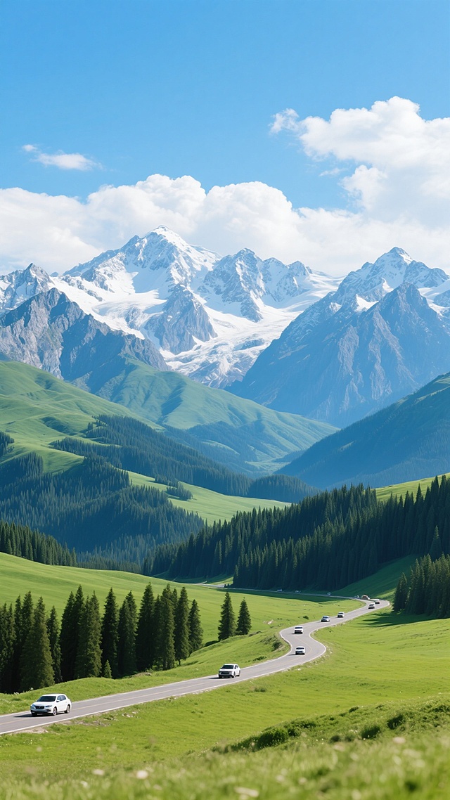 超高清摄影风格的旅游景点背景，壮丽的雪山群峰覆盖着皑皑白雪，山顶在明亮阳光下闪耀，山体呈现蓝灰色调的岩石纹理，山脚下是层层叠叠的绿色山脉，近处是广阔的翠绿草原，点缀着茂密的墨绿色松树，蜿蜒的公路上行驶着几辆汽车，天空中飘着洁白的云朵，整体色彩清新明快，光影对比强烈，展现出开阔、宁静而壮丽的自然景观，具有极高的视觉冲击力和真实感。