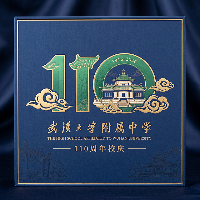 武汉大学附属中学110周年庆包装盒正面设计效果图，印有参考图的110周年校庆完整图案，保持蓝色绿色金色配色，文字清晰无错，不扭曲模糊，设计美观大气