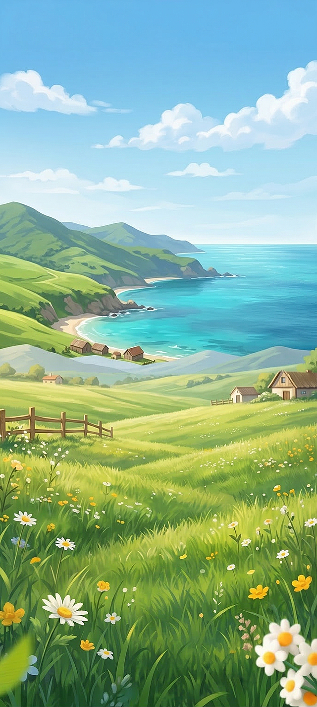 去掉原图所有文字，保留清新自然风格，调整背景为山海结合元素，融合山峦与海洋，过渡自然不突兀，干净清新的农产品直播间背景板，只保留背景无需保留任何文字，整体明亮干净