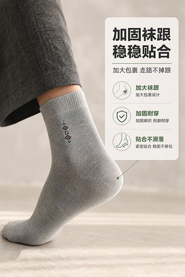 [商品] 使用【图1】浅灰色男士中筒竹纤维袜；商品处理：保留袜子颜色、针织纹理、袜身菱形小标、袜口罗纹、袜跟形状、袜头和整体版型；自然理顺褶皱，增强袜跟部位针织纹理与加固结构的高清质感，不改变任何细节。
[画面] 页面目标：展示加大加固袜跟与贴合不掉跟，右文左图竖版构图，左侧袜跟部位上脚特写+侧面角度，展示袜跟包裹贴合状态，配合行走/抬脚动态感，产品占画面约60%，背景为暖灰柔焦室内地面质感。
[视觉] 套系策略：风格=国内电商高级商业摄影，干净通透有质感；标题字=现代无衬线粗黑体；正文字=简洁无衬线体；主色=暖灰+竹青；背景延展=基于暖灰做深浅层级、同色渐变和细腻哑光/地面质感；强调色=竹青绿，仅用于小面积图标、引线和重点词高亮；标题色=深炭灰；正文色=中暖灰；组件=圆角浅底信息卡、细线引线、贴合小图标；光影=左前侧柔和自然光，突出袜跟立体感。
[文字] 右侧信息卡主标题「加固袜跟 稳稳贴合」，副标题「加大包裹 走路不掉跟」，下方3个卖点：加大袜跟 / 加固耐穿 / 贴合不滑落；文字横向排版，不遮挡袜跟和脚踝主体。
[规格] 图片比例2:3竖版，2K分辨率，medium质量，避免变形、错字、文字过小、袜子颜色改变、纹理失真、冷蓝/蓝灰背景。