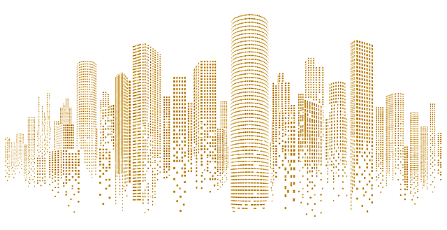 参考图由金色几何圆点和方块拼接而成的城市天际线，延续这种几何点阵拼接风格重新生成金色城市天际线，保留原简约抽象风格，白色背景，金色几何拼接