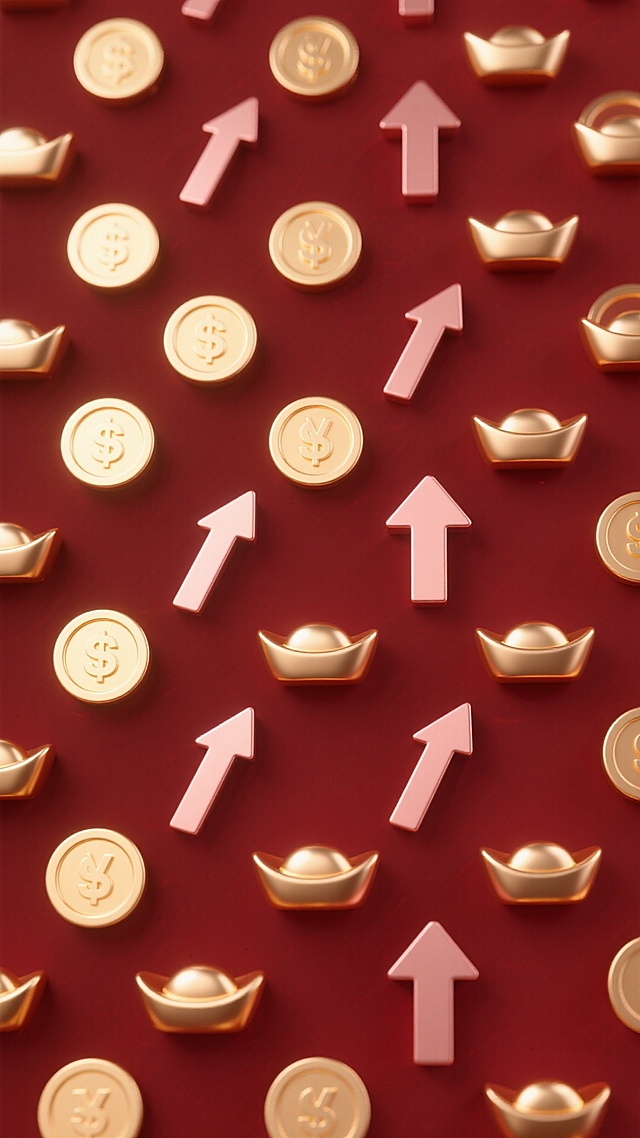 鎏金风3D重拟物设计，红底金元宝与美元币穿插粉色箭头，喜庆奢华兼具商务质感，象征财富增长。