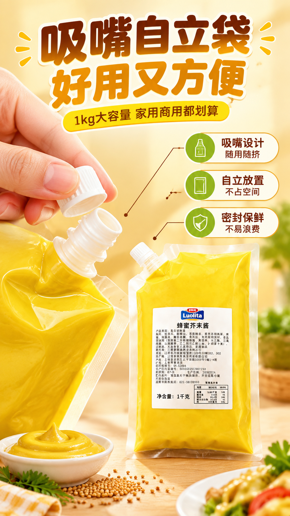 [商品] 使用【图1】罗丽塔蜂蜜芥末酱1kg吸嘴自立袋包装；保… - 图片创意预览