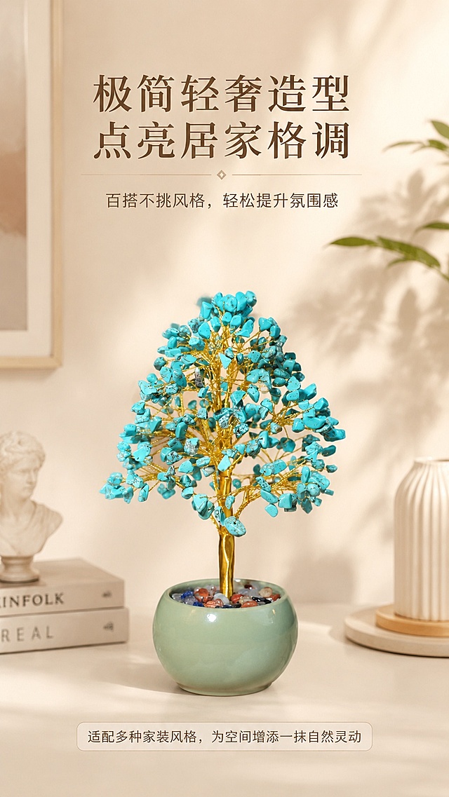 [第5屏] 淘宝/天猫详情页颜值美学屏-极简轻奢水晶树摆件，本屏使用【图1】作为产品主体展示整体造型。
[氛围/风格] 浅柔高级氛围感，北欧轻奢风格，空间场景摄影质感
[元素布局] 上标题，中下产品全景场景展示，底部短句注解，浅柔莫兰迪底色，展示水晶树整体舒展造型，枝叶错落自然线条简约流畅，凸显产品百搭空间气质
[光影质感] 柔和侧光，营造自然光影氛围，整体明暗层次温柔，水晶通透感自然呈现，背景朦胧柔和
[配色色系] 全局浅柔莫兰迪暖底色#f2e8e0，主色产品绿松石蓝+金色枝干，文字深棕浅棕搭配
[视角构图] 上标题下场景产品展示，正面平视，产品居中，阅读动线从上到下
[文字版式] 顶部主标题「极简轻奢造型，点亮居家格调」，副标题「百搭不挑风格，轻松提升氛围感」，底部短句注解适配家装风格，文字排版简洁，不遮挡产品主体
[比例分辨率] 9:16竖版比例，4K分辨率，文字清晰可辨，高清画质
[负向提示词] 产品变形，颜色偏差，文字错乱，文字过小，水印，背景杂乱，空间感缺失