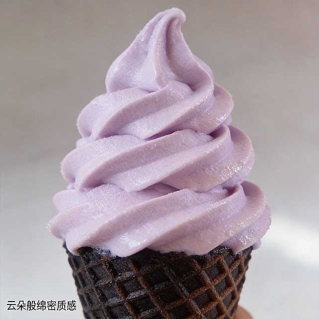 [主图 3] 冰淇淋奶油纹理微距细节特写
[氛围/风格] 微距质感，超强食欲，细腻奶油肌理清晰可见
[画面元素] 放大展示香芋软冰淇淋的螺旋奶油顶部，保持浅紫色奶油纹理和原图一致，突出绵密蓬松的奶油质感，奶油表面带有自然光泽，边缘凝结细微冰霜水珠，脆筒华夫格纹理清晰立体；背景虚化处理，聚焦奶油主体，放大诱人细节
[配色色系] 浅紫为主，深色脆筒对比，整体干净突出主体
[视角构图] 微距平视特写，主体填满画面，细节清晰，无冗余元素
[文字版式] 左下角小字标注 "云朵般绵密质感"，字体小巧不抢视线，信息表达清晰
[比例分辨率] 1:1 比例，2K 分辨率