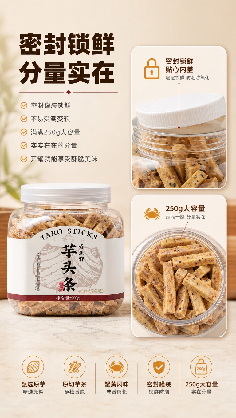 [商品] 使用【图1】【图2】【图6】奇亚籽蟹黄味芋头条罐装产… - 图片创意预览