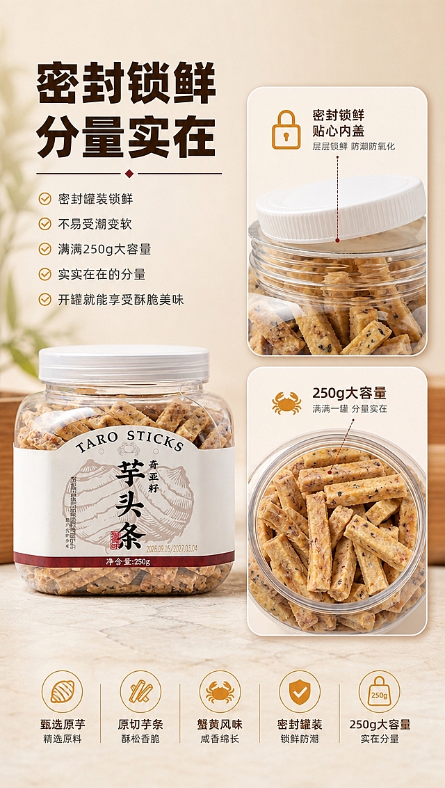 [商品] 使用【图1】【图2】【图6】奇亚籽蟹黄味芋头条罐装产品实拍；保留透明罐体、白色旋盖、标签所有文字与图案、罐内满满芋头条的真实状态；商品处理：突出罐内芋头条填充饱满的视觉效果，密封盖细节清晰，保持包装原貌与文字准确。
[画面] 页面目标：产品规格&品质细节，展示密封锁鲜与250g大容量。构图：画面左侧为罐体正面实拍，右侧上方为罐口密封盖微距特写，右侧下方为罐内满满芋头条的俯视特写；主体占画面约65%；景别：产品中景+细节特写组合；阅读动线：左上标题→左侧罐体→右侧上下两个细节图；前中后景：前景罐体正面、中景细节特写卡片、后景暖调浅米色渐变背景。
[视觉] 套系策略：风格=实物实拍食欲感商业摄影；标题字=粗黑体厚重有力；正文字=简洁无衬线体；主色=蟹黄暖橘+米杏色；背景延展=基于暖橘米杏做深浅层级、同色渐变和细腻石质/木质台面质感；强调色=深枣红，仅用于小面积图标、引线和标签；标题色=深棕褐；正文色=暖深灰；组件=圆角浅底信息卡、细线引线、蟹黄色小图标；光影=左前侧暖自然光，柔和明亮，突出酥脆质感与颗粒层次。
[文字] 左上主标题：密封锁鲜 分量实在；下方卖点文字：✅密封罐装锁鲜 / 不易受潮变软 / 满满250g大容量 / 实实在在的分量 / 开罐就能享受酥脆美味；文字区位于画面左侧与底部留白，不遮挡罐体与细节图，全部横排排版。
[规格] 图片比例9:16竖版，4K分辨率，负向提示：避免变形、错字、文字过小、冷蓝/蓝灰背景、包装文字错乱、罐身失真、绝对化用语。