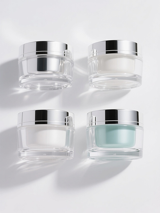 四个不同外观、不同配色、不同样式的面霜罐，排列整齐，白色背景，高光泽透明玻璃质感，金属质感的银色装饰条，简洁现代风格，光线明亮柔和，高光清晰，阴影细腻，立体感强，产品摄影级别的精致细节，纯净简约的视觉效果。