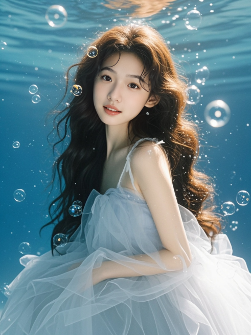 长发少女，水下写真，周围少量气泡装饰，正面视角，清透梦幻氛围，商业摄影预览效果