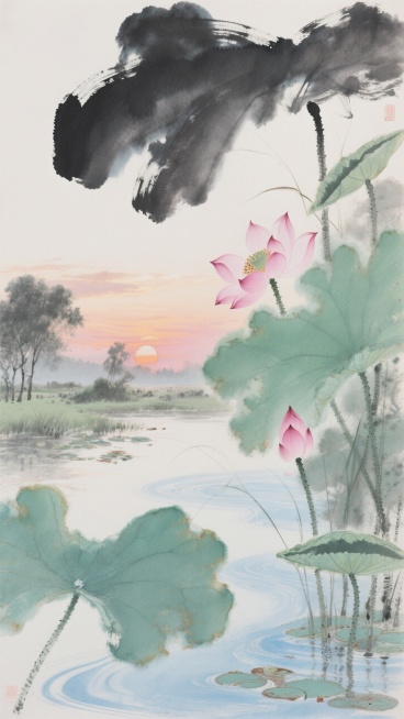 乡间荷塘，晚霞粉余晖映荷尖，荷叶泛着树影绿，水面漂着海盐蓝水纹预览效果