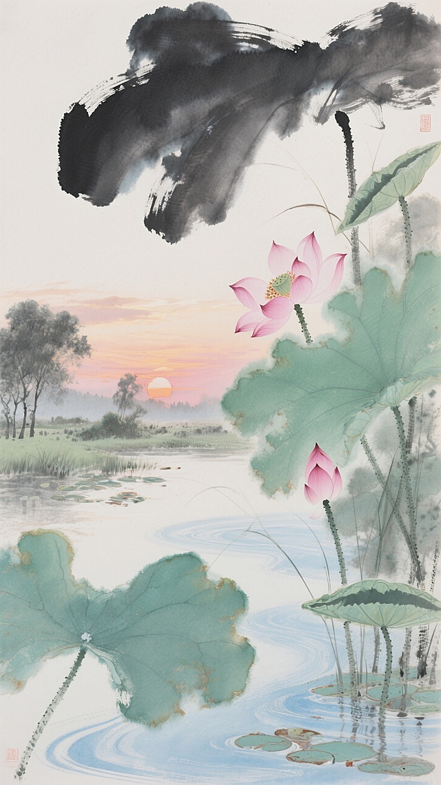 水墨风荷花图，清新古典，水彩渲染，晨曦映衬，意境悠远。