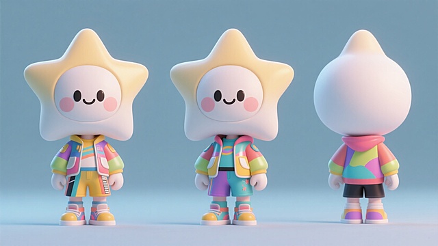 卡通潮玩，五角星为原形的拟人IP，巨大的头，圆润的身体，搞怪，可爱，时尚的服饰，纯色背景