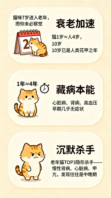 第二屏为什么老年猫体检更重要：三个圆角卡片并排，每个卡片含对应图标和文案。整体暖奶油色背景，手绘卡通风格。第一个卡片：猫咪蹲在翻页日历前，数字变化，文案主标题"猫咪7岁进入老年，而你未必察觉"，卡片标预览效果